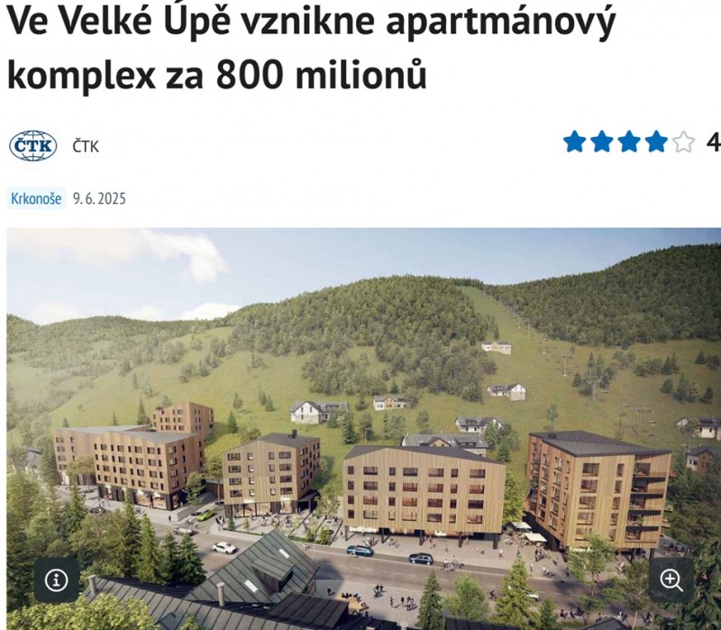 Ve Velké Úpě vznikne apartmánový komplex za 800 milionů